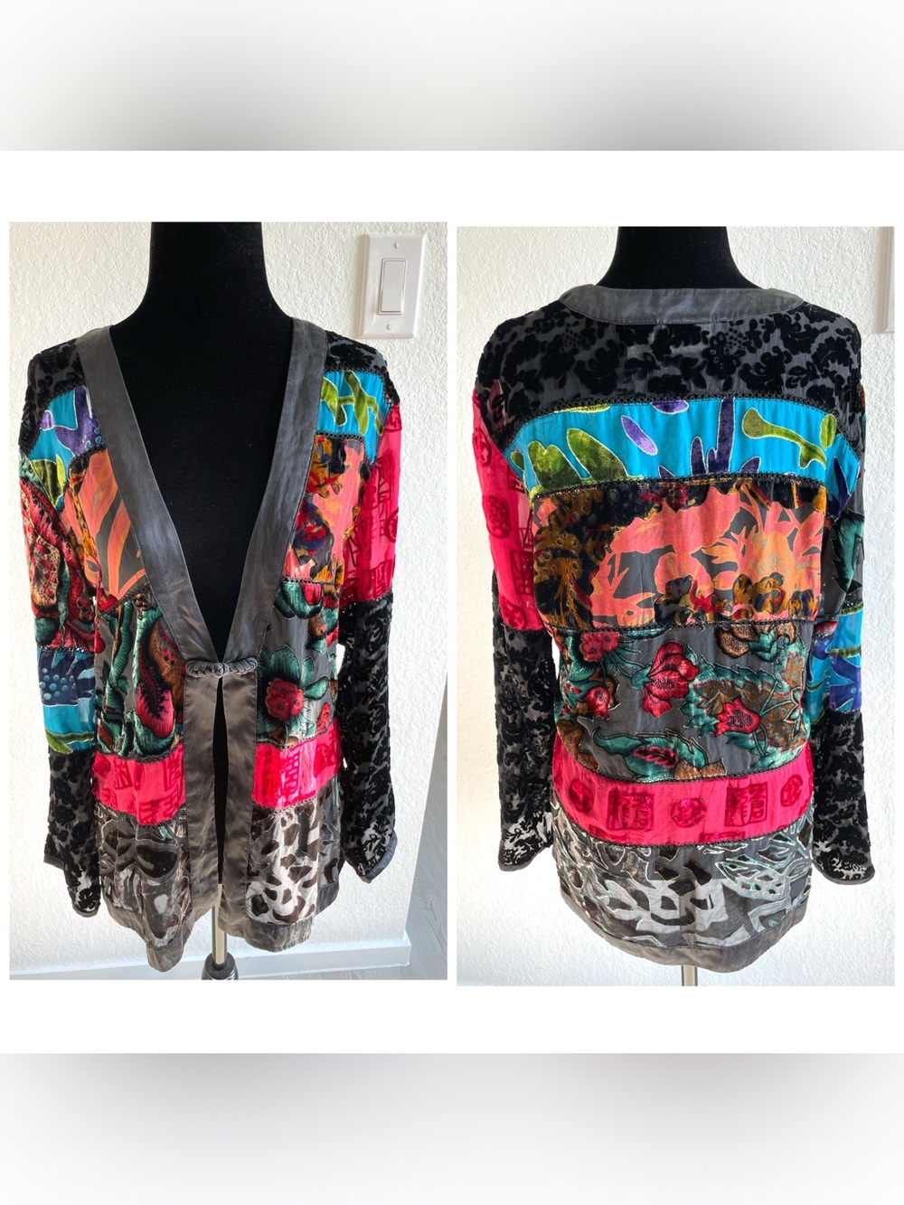 Chico's Silk Floral Multicolor Hook & Eye Jacket Embroidered Long Sleeve Sz 1